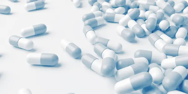 Comprimidos Azuis Brancos Fecham Medicina Desenvolvimento Farmacologia Tratamento Médico Prescisão — Fotografia de Stock