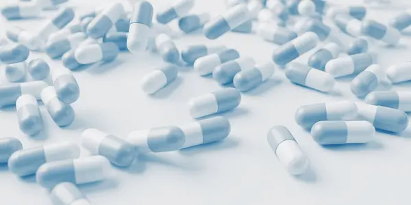 White Blue Pills Close Development Medicine Pharmacology Medical Treatment Presciption — Stock Photo, Image
