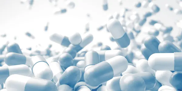 White Blue Pills Close Development Medicine Pharmacology Medical Treatment Presciption — Stock Photo, Image