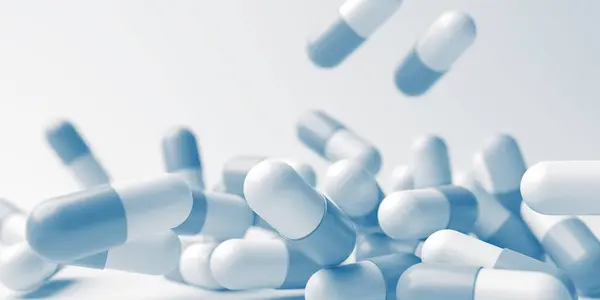Les Pilules Bleues Blanches Rapprochent Médecine Développement Pharmacologie Traitement Médical Images De Stock Libres De Droits