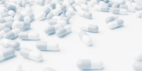 ホワイトブルーの錠剤が閉じられました 開発医学と薬理学 予備医薬品のコンセプト 3Dレンダリング ストック画像