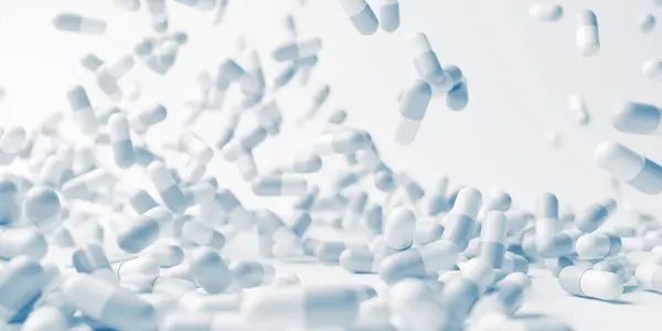 Weißblaue Pillen Aus Nächster Nähe Entwicklungsmedizin Und Pharmakologie Medizinische Behandlung Stockbild