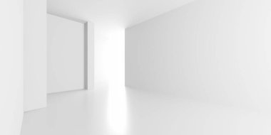 Minimalist oda alanı. Beyaz, temiz, içi boş bir mimari. 3d oluşturma