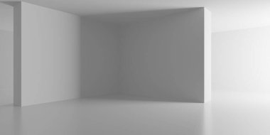Minimalist oda alanı. Beyaz, temiz, içi boş bir mimari. 3d oluşturma