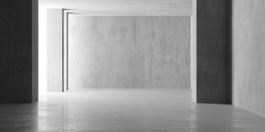 Beton duvarlı pis bir oda. Eski taş döşeme. 3d oluşturma