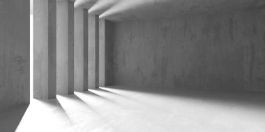 Soyut iç yapısı olan beton bir oda. Açık alan. Sanayi arka plan şablonu. 3d oluşturma