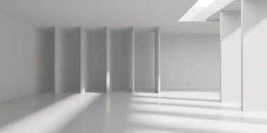 Minimalist oda alanı. Beyaz, temiz, içi boş bir mimari. 3d oluşturma