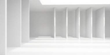 Minimalist oda alanı. Beyaz, temiz, içi boş bir mimari. 3d oluşturma