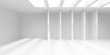 Minimalist oda alanı. Beyaz, temiz, içi boş bir mimari. 3d oluşturma