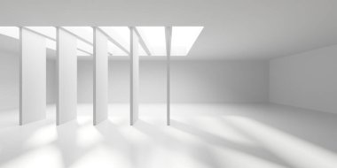 Minimalist oda alanı. Beyaz, temiz, içi boş bir mimari. 3d oluşturma