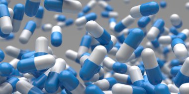 Bir sürü ilaç tableti. Kapsül hapları. İlaç konsepti geçmişi. 3d oluşturma