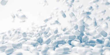 Beyaz mavi haplar kapanıyor. İlaç ve farmakoloji geliştirme. Tıbbi tedavi, önsezi ilaçları konsepti. 3d oluşturma