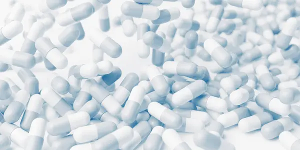 Белые Голубые Таблетки Закрываются Развитие Медицины Фармакологии Медицинское Лечение Лекарственные Лицензионные Стоковые Фото