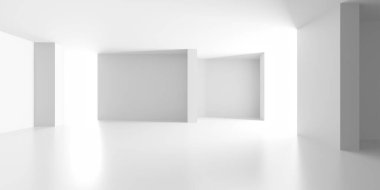 Minimalist oda alanı. Beyaz, temiz, içi boş bir mimari. 3d oluşturma