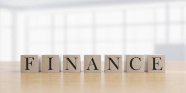 Ofis mavisi arka plandaki FINANCE küplerine iş konsepti mesajı. 3d oluşturma