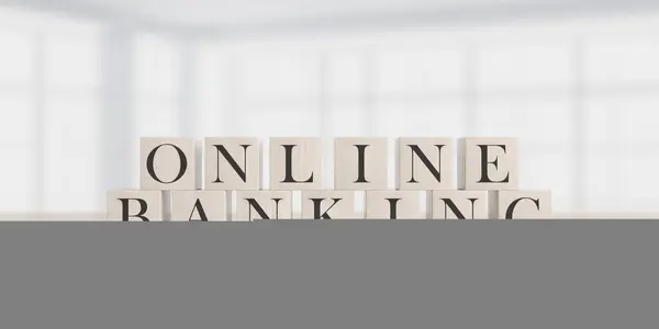 Текст Бизнес Концепции Online Banking Cubes Office Blured Background Рендеринг Стоковое Фото