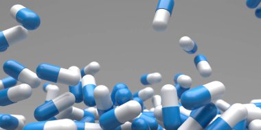 Bir sürü ilaç tableti. Kapsül hapları. İlaç konsepti geçmişi. 3d oluşturma