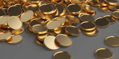 Altın metalik madeni paralar bol miktarda. Kazanç konsepti. 3d oluşturma