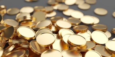 Altın metalik madeni paralar bol miktarda. Kazanç konsepti. 3d oluşturma