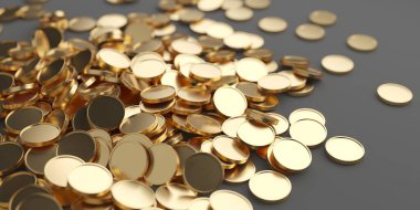 Altın metalik madeni paralar bol miktarda. Kazanç konsepti. 3d oluşturma