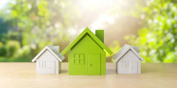 以绿色自然背景为背景的带小木屋的房屋建筑的房地产业概念 3D渲染 图库图片