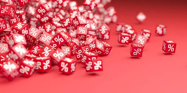 红色方块与百分比符号 销售折扣概念 3D渲染 免版税图库图片