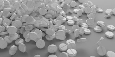 Beyaz arka planda bir sürü ilaç hapı var. 3d oluşturma