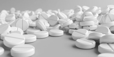 Beyaz arka planda bir sürü ilaç hapı var. 3d oluşturma