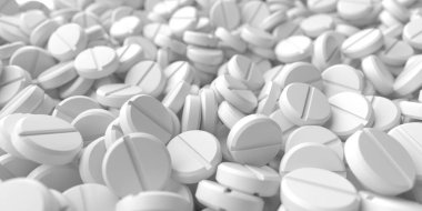 Beyaz arka planda bir sürü ilaç hapı var. 3d oluşturma