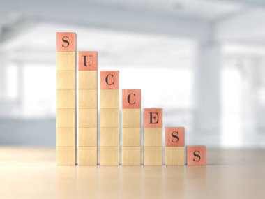 Ahşap finansal tablo. İş stratejisi. Küpler çubuk grafiğini engeller. 3d oluşturma