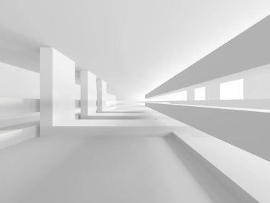 Gelecekçi beyaz iç tasarım. Boş oda modern mimarisi. 3d oluşturma