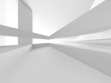 Beyaz, zarif, boş bir alan. Beyaz duvar odası arka planı. Soyut iç mekan. 3d oluşturma