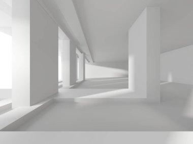 Beyaz, zarif, boş bir alan. Beyaz duvar odası arka planı. Soyut iç mekan. 3d oluşturma