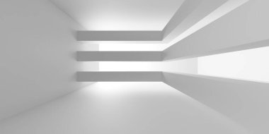 Gelecekçi beyaz iç tasarım. Boş oda modern mimarisi. 3d oluşturma