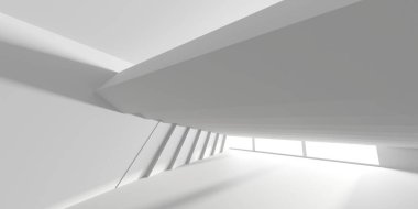 Beyaz, zarif, boş bir alan. Beyaz duvar odası arka planı. Soyut iç mekan. 3d oluşturma