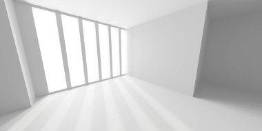 Beyaz, zarif, boş bir alan. Beyaz duvar odası arka planı. Soyut iç mekan. 3d oluşturma