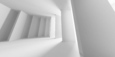 Gelecekçi beyaz iç tasarım. Boş oda modern mimarisi. 3d oluşturma