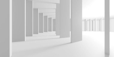 Gelecekçi beyaz iç tasarım. Boş oda modern mimarisi. 3d oluşturma