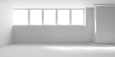 Gelecekçi beyaz iç tasarım. Boş oda modern mimarisi. 3d oluşturma
