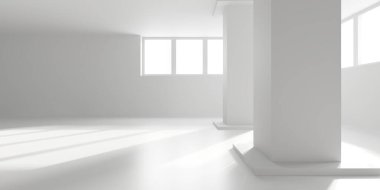 Beyaz, zarif, boş bir alan. Beyaz duvar odası arka planı. Soyut iç mekan. 3d oluşturma