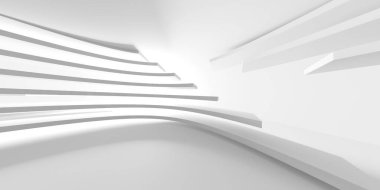 Beyaz, zarif, boş bir alan. Beyaz duvar odası arka planı. Soyut iç mekan. 3d oluşturma