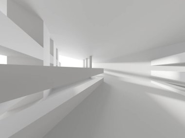 Gelecekçi beyaz iç tasarım. Boş oda modern mimarisi. 3d oluşturma