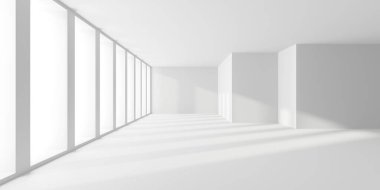 Gelecekçi beyaz iç tasarım. Boş oda modern mimarisi. 3d oluşturma