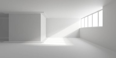 Gelecekçi beyaz iç tasarım. Boş oda modern mimarisi. 3d oluşturma