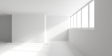 Gelecekçi beyaz iç tasarım. Boş oda modern mimarisi. 3d oluşturma