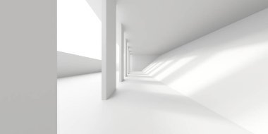 Minimalist oda alanı. Beyaz, temiz, içi boş bir mimari. 3d oluşturma