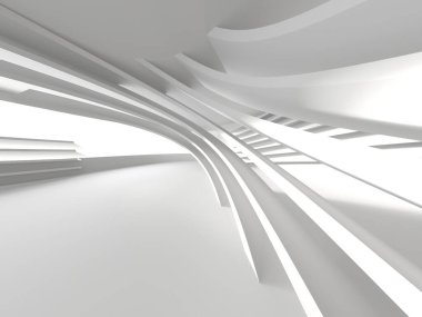 Beyaz, zarif, boş bir alan. Beyaz duvar odası arka planı. Soyut iç mekan. 3d oluşturma