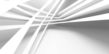 Beyaz, zarif, boş bir alan. Beyaz duvar odası arka planı. Soyut iç mekan. 3d oluşturma