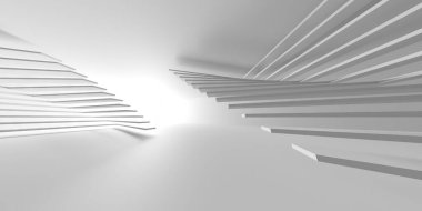 Beyaz, zarif, boş bir alan. Beyaz duvar odası arka planı. Soyut iç mekan. 3d oluşturma