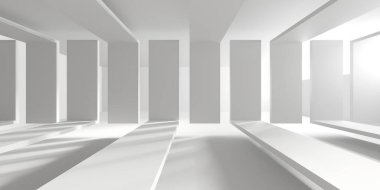 Minimalist oda alanı. Beyaz, temiz, içi boş bir mimari. 3d oluşturma